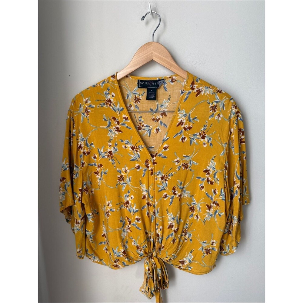 Polly & Esther Mustard Floral Kimono Tie Front Blouse Small